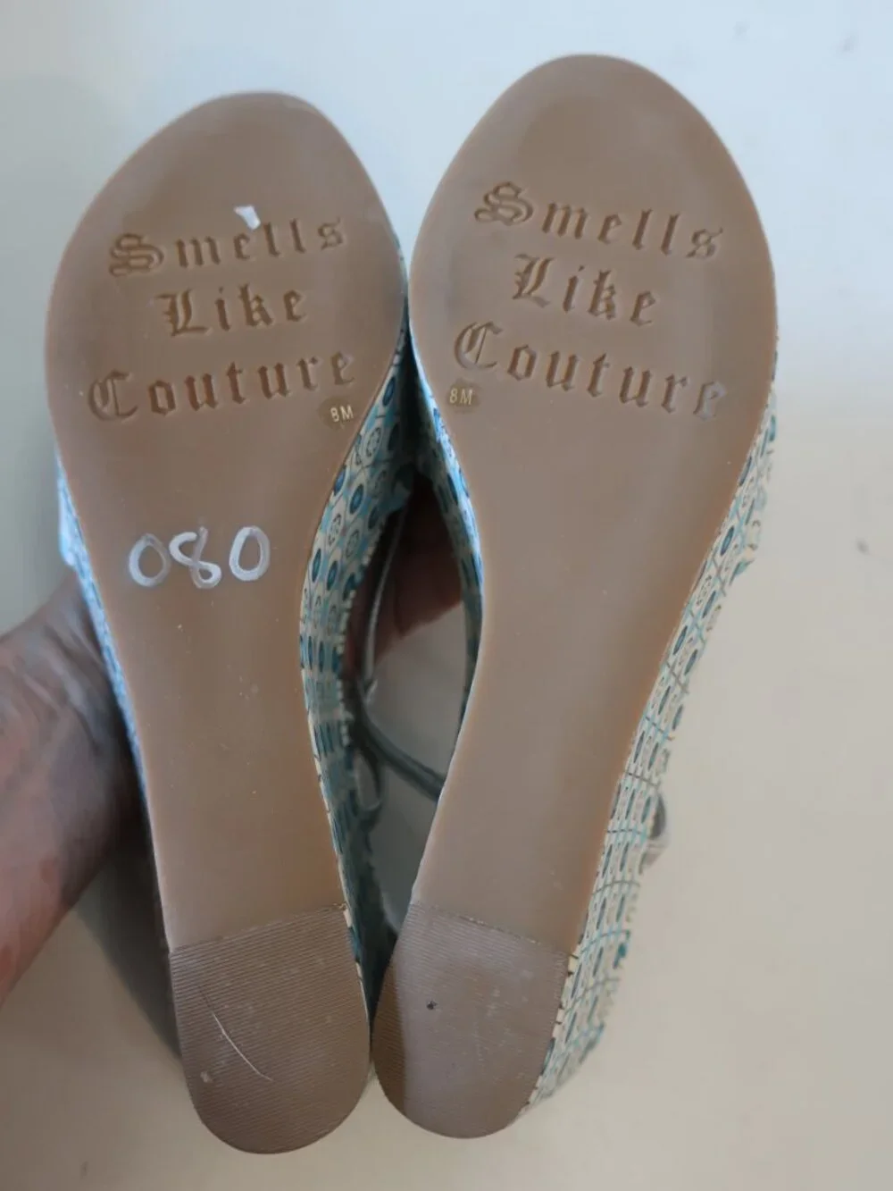 Womens Juicy Couture White Blue Mosaic Print Cecil Platform Wedge Heels 8
